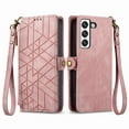 thumbnail image 3 of SaniMore for Samsung Galaxy S23 FE (6.4") Case, PU Leather Embossed Lines Wristlet Zipper Cash Pocket Card Slots Magnetic Flip Stand Full Protective TPU Shell Anti-drop Business Design, Pink, 3 of 14