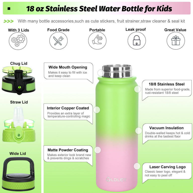 OLDLEY Insulated Water Bottle 20oz for Kids Boy Stainless Steel Water Bottles with Straw,Chug,Carabiner 3 Lids Double Wall Vacuum Wide Mouth BPA Free