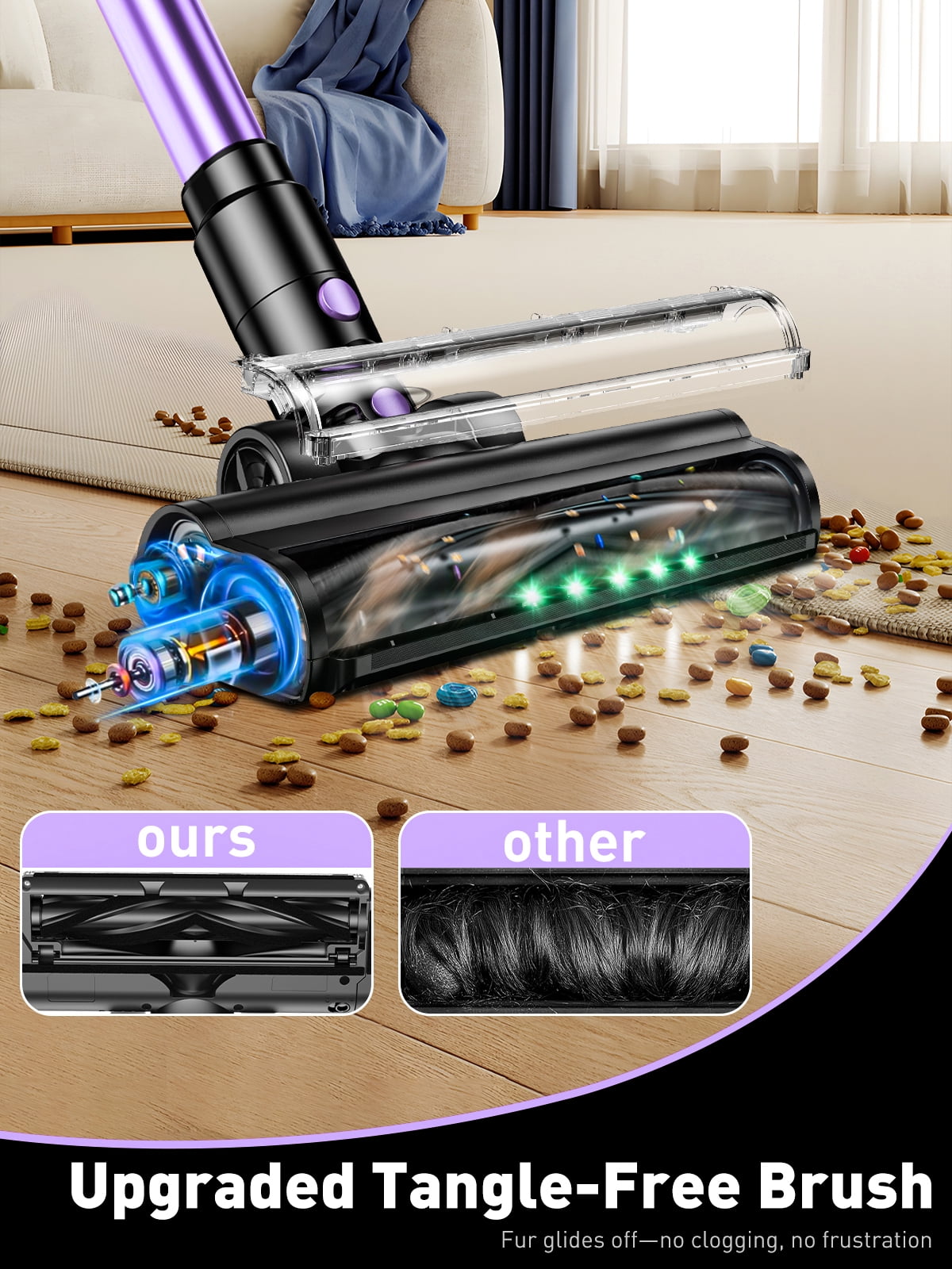 Cordless Vacuum Cleaner, 40Kpa Stick Vacuum with Powerful Suction, Hose, Green LED Light, Anti-Tangle Brush, Lightweight Rechargeable Vacuum Cleaner for Home, Hardwood Floors, Carpets,Purple