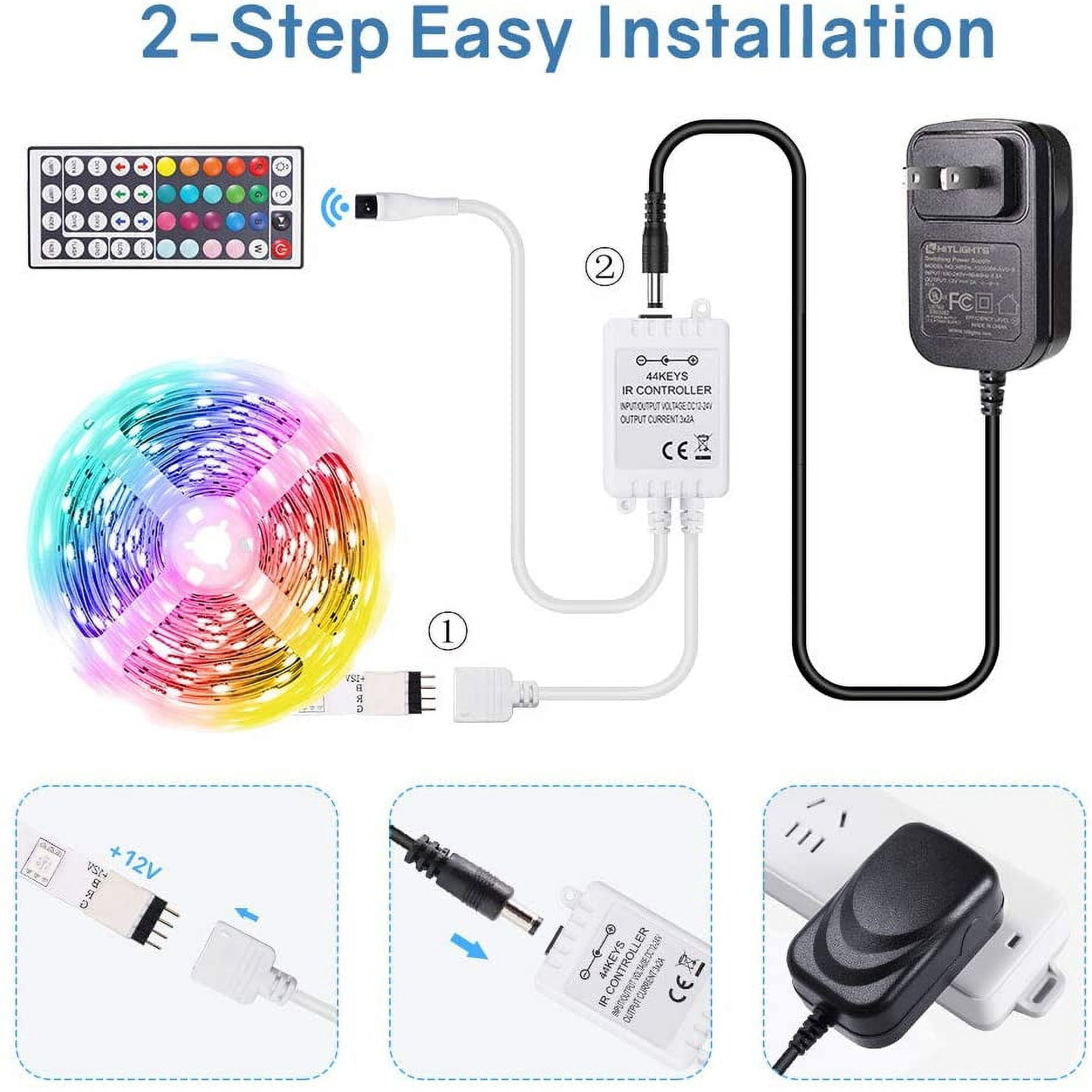 16.4ft RGB LED Strip Light kit, Flexible Color Changing SMD 5050 LEDs, 12V LED Tape with 44 Key RF Remote, Dimmable LED Ribbon for Home Lighting Kitchen Bar,