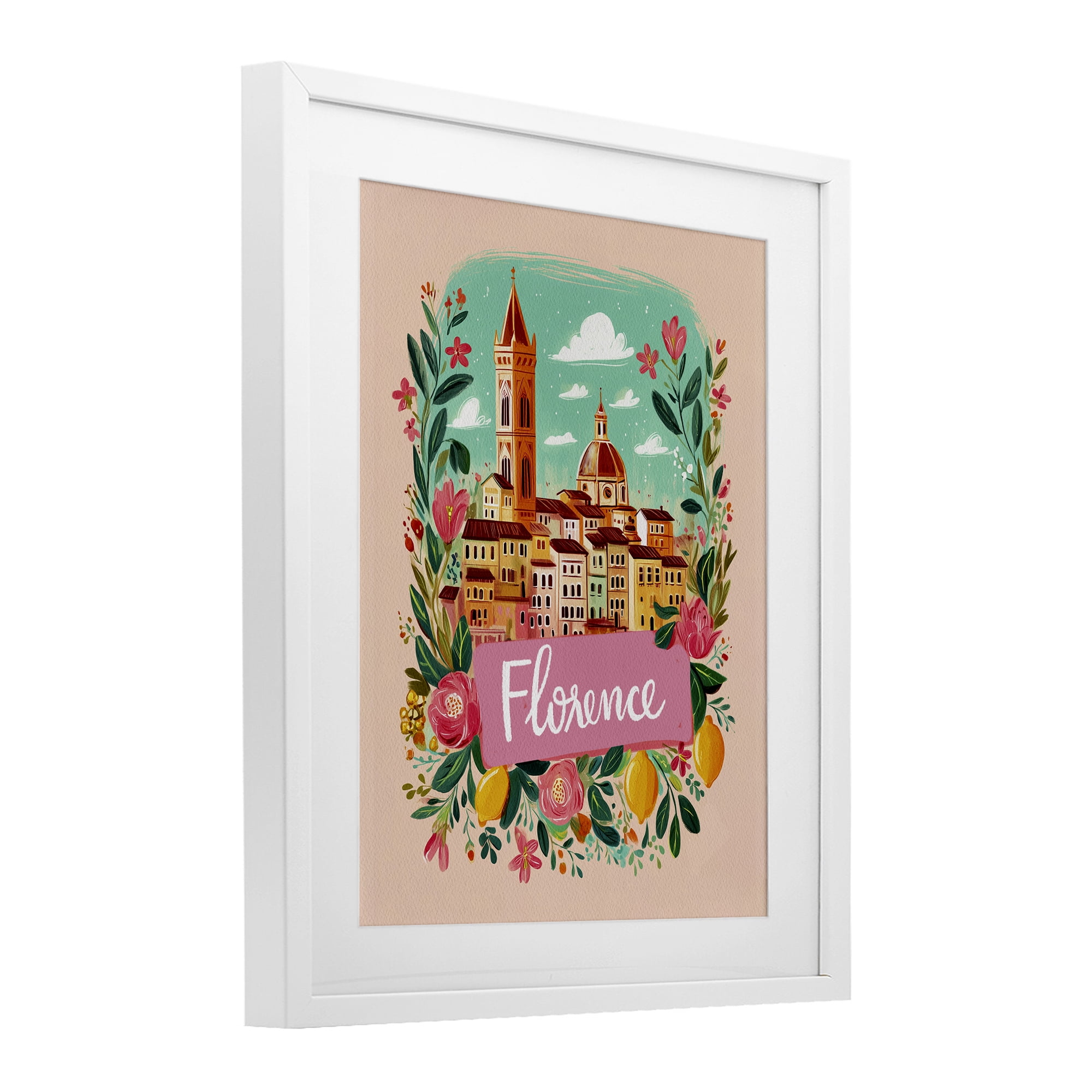 Floral Bordered Florence White Framed Print Under Glass, design by Yen