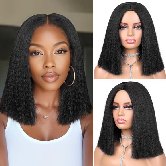 Woeilo Straight Bob Wig for Black Women Short Kinky Straight Wigs Glueless Synthetic Wigs Shoulder Length Middle Part Hair Blunt Cut Bob Wig Natural Black Color Short Yaki(Black)