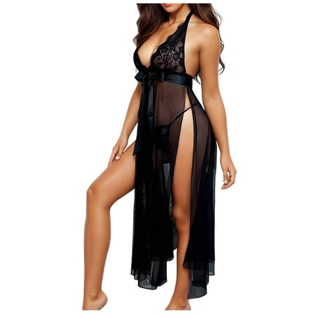 Midwennn Ladies Lingerie Sexy Solid Colour Hanging Neck Lace Mesh Long Open Skirt Sexy Lingerie for plus Size Women