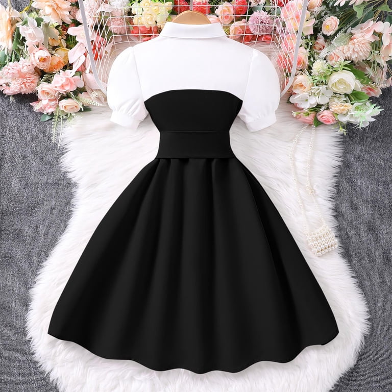 Girls Black Preppy Party Dress with White Collar, Puffed Sleeves & Bow, Elegant Church Dress for 8-13 Years,Size 10-11 T