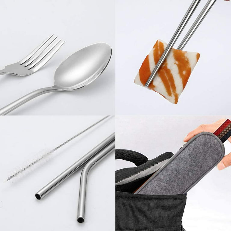 Travel Utensils, 8-Piece Reusable Utensils with Case, Travel Camping Cutlery  Set, Portable Stainless Steel Flatware Set Includes Knife, Fork, Spoon,  Chopsticks, Straws, Cleaning Brush, Rainbow