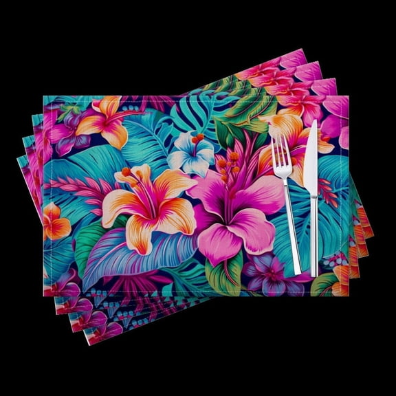 BaHomeck placemats Set of 4 Vibrant And Colorful Pattern Featuring Tropical Flowers Cotton Linen rectangle Placemats for Kitchen Dining Table Indoor,Outdoor,18*12inch