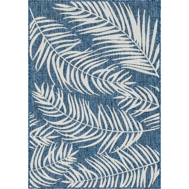 Unique Loom Outdoor Botanical Leaves Rug 4' x 6' Rectangle Navy Blue/Ivory
