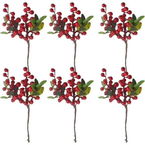 Nvzi Red Artificial Berry Stems, 6 Pack Artificial Fruit Berry Holly Christmas Berries for Christmas Tree Ornaments DIY Wreath Festival Holiday Home Deco