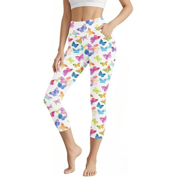 Aobny Butterfly Leggings for Women Yoga Plus Skinny Leggings Legging 7/8th High Waisted Slim-Leg Women Summer Pants