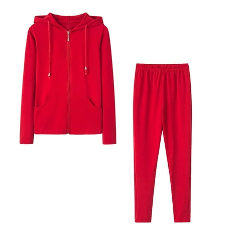 Homadles Womens Sweatsuits 2pcs Sets- 2024 Fall Fashion Zip up Solid Crewneck Long Sleeve Baggy Hoodie and Sweatpant Workout Sets Red Size 2XL