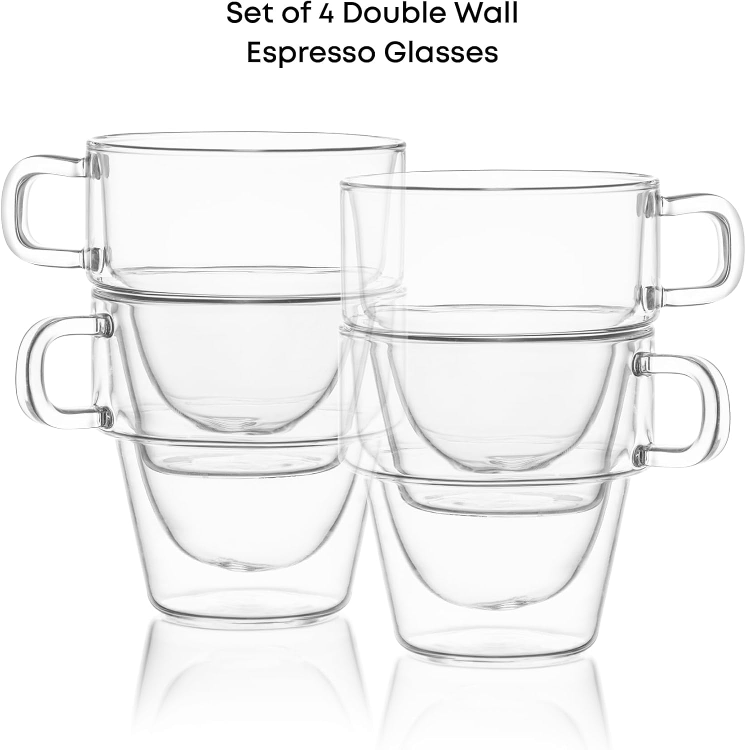 Stoiva Double Wall Insulated Espresso Glass Cups – 5 oz. (150 ml) Shot Cup with Handle – Stackable Thermal Clear Glass Cups, Fit for Espresso Machine and Coffee Maker – Set of 4