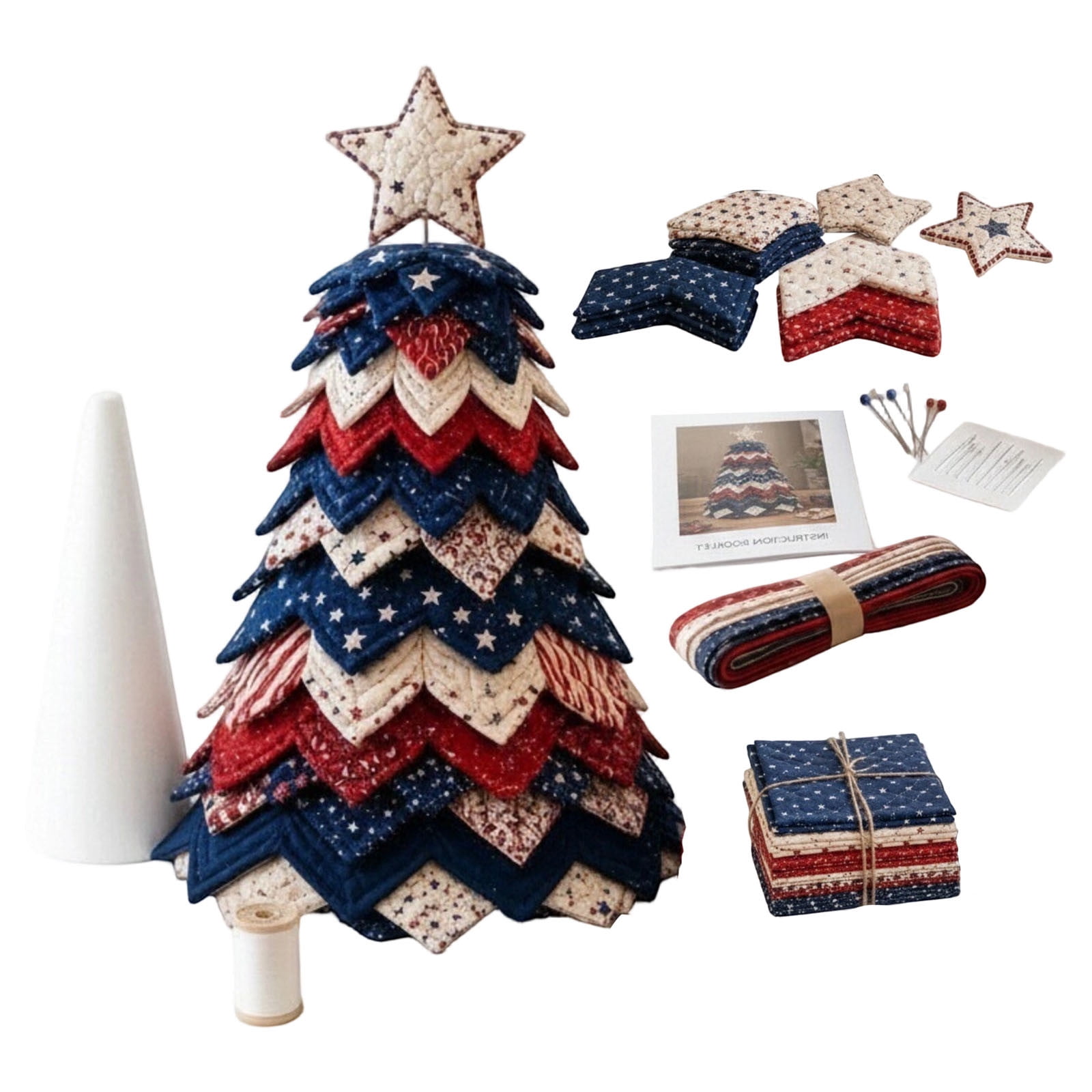 Americana Christmas Tree Quilt Kit DIY Holiday Patchwork Sewing Craft Kit | Red White and Blue Stars & Stripes Patchwork Craft Kit for Adult Beginner Gifts for Quilting Lovers