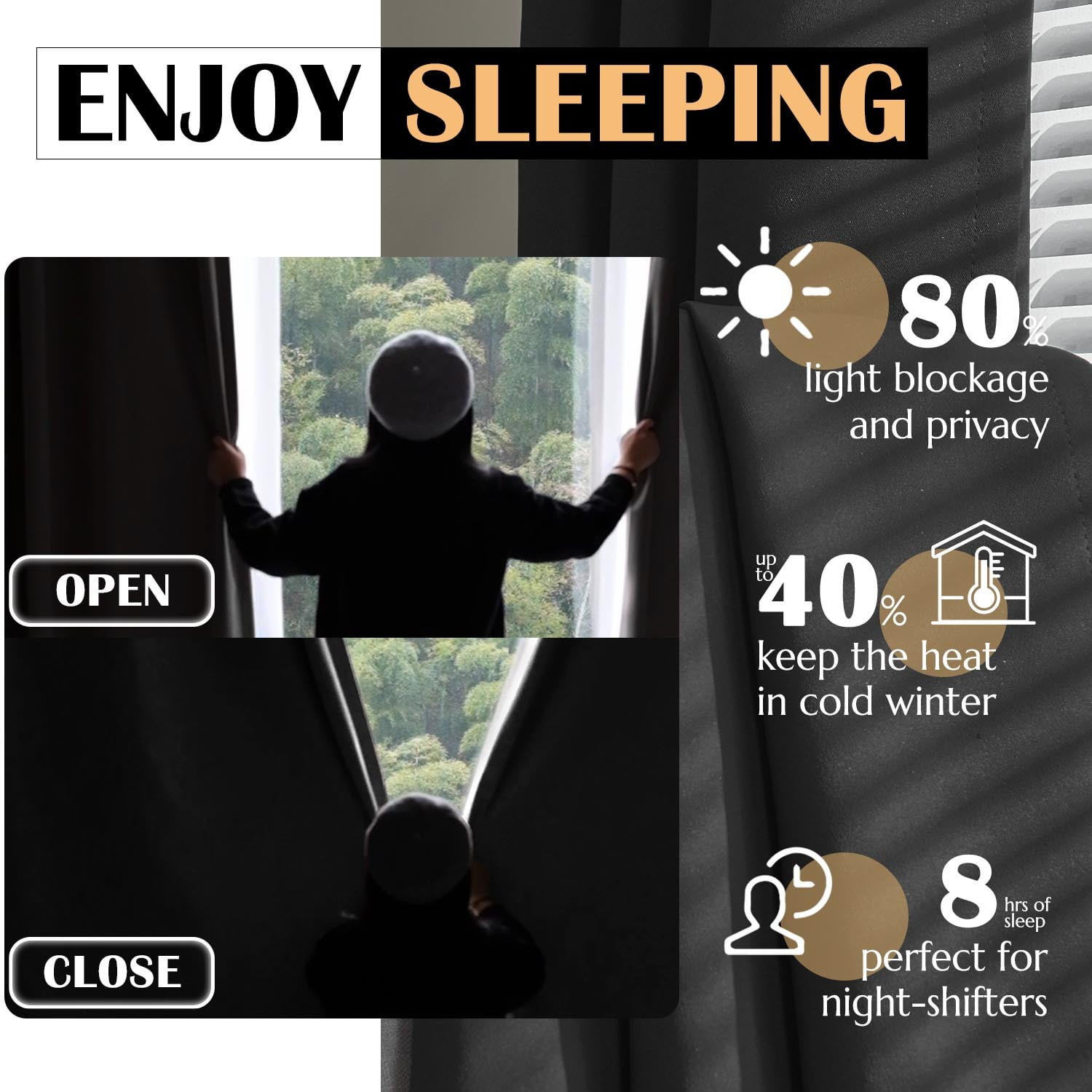 Curtainking Grommet Curtains Thermal Insulated Blackout Curtains for Nursery, Black, 40x45 inch, 2 Pcs