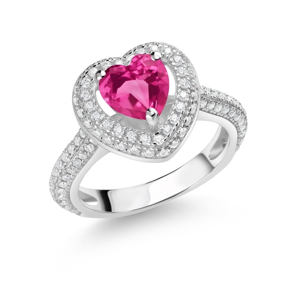 Gem Stone King 925 Sterling Silver Pink Created Sapphire and White Moissanite Heart Shape Ring for Women (1.42 Cttw, Size 8)