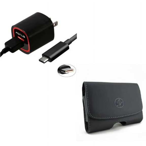 Black Leather Side Case w 2.4-Amp Rapid Home Wall AC Charger USB 6ft Type-C Cable G2J Compatible With Google Pixel 3a XL