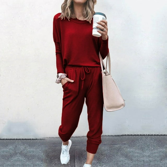 FNFYFH Ensemble de Survêtement en Liquidation pour Femmes 2 Pcs Tenues pour Femmes Chandails en Molleton Col Rond Chandail Ensemble de Détente Deux Pièces Confort Jogging Pantalon Long Entraînement Survêtements Athlétiques Vin,G