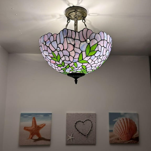 Tiffany Stained Glass Green Leaves LED 16-Light Ceiling Lights for Bedroom, Living Room, Entryway