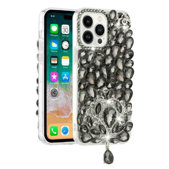 Xpm Compatible with Apple iPhone 14 Pro (6.1") Bling Crystal 3D Full Diamonds Jewelry Luxury Sparkle Rhinestone Glitter Hybrid Protective [ Black ]