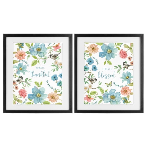Stupell Industries Pink & Blue Gratitude Blooms 2 Piece Black Framed Print Under Glass Set, design by Nan