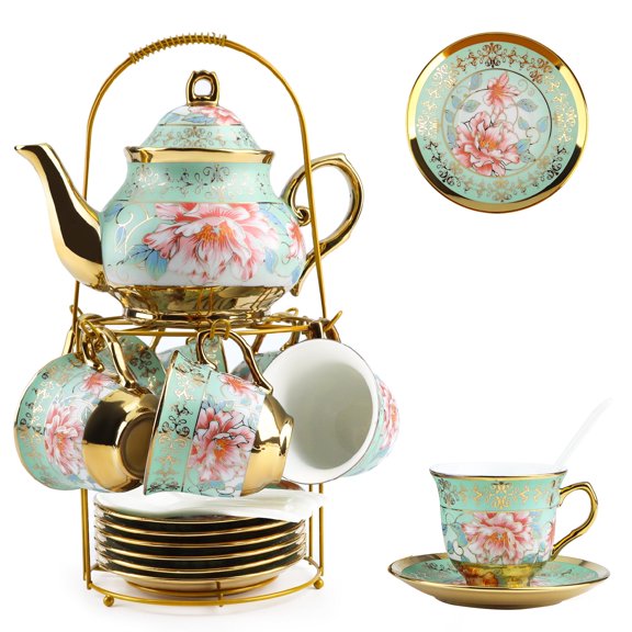 E-Greetshopping 20-Piece Ceramic Tea Coffee Set - Exquisite 6 - Person Floral - Green with Gold Floral Design, Teapot with Spout and Metal Holder