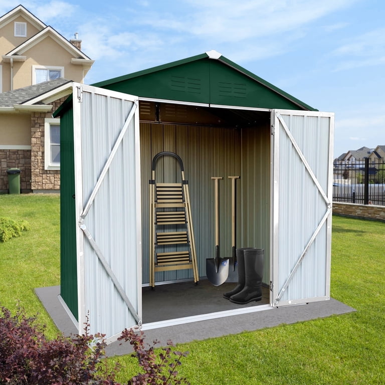 6x4 FT Outdoor Metal Storage Shed With Lockable Doors – Large Garden Shed, Waterproof & UV-Resistant Steel Tool Shed With Sloping Roof & Vents For Backyard, Patio (White/Green)