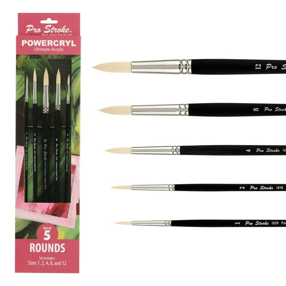 Creative Mark Pro-Stroke Powercryl Acrylic Paint Brushes - Rounds Value Set of 5, Synthetic Paint Brushes for Artists, Seamless Nickel-Plated Ferrules, Matte Black Wooden Handle, Soft-Touch Grip
