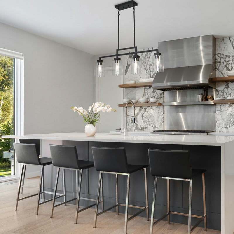 LNC 34.4-in W 4-Light Matte Black Farmhouse Modern/contemporary Clear glass Linear Large Hanging Kitchen Island Light