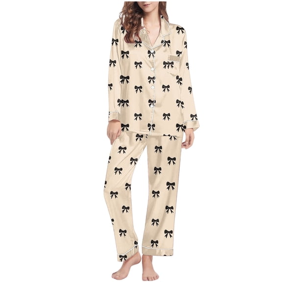 successthop Bow Pajamas Womens Long Sleeve Lapel Button Down Sleepwear and Pj Pant Comfortable Nightwear with Pockets XL