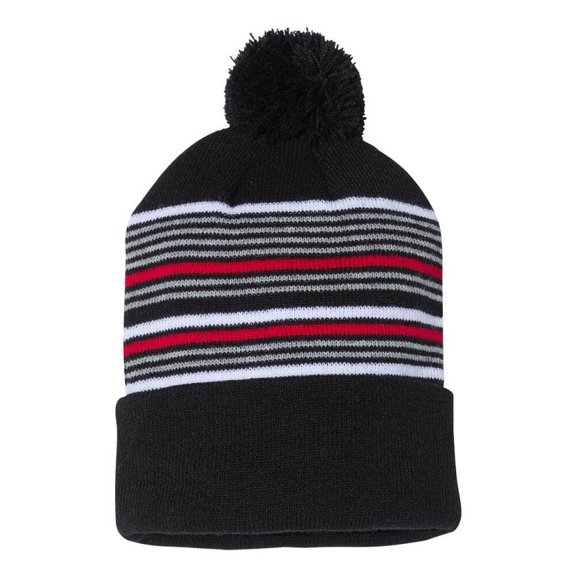 Couver Unisex 12" Stripped Cuffed Beanie with Pom Pom, Black/White/Grey/Red, One Size, 1 Piece