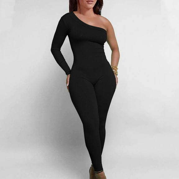 CQONEPT Womens Knit Romper Off One Shoulder Compression Casual Coveralls Ribbed Stretchy Trendy Streetwear Pants Black 2XL