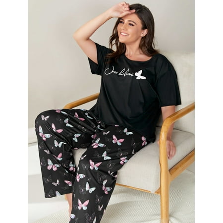 

Black Cute Women s Plus Slogan And Butterfly Print Pajama Set 1XL(14) Y22001D