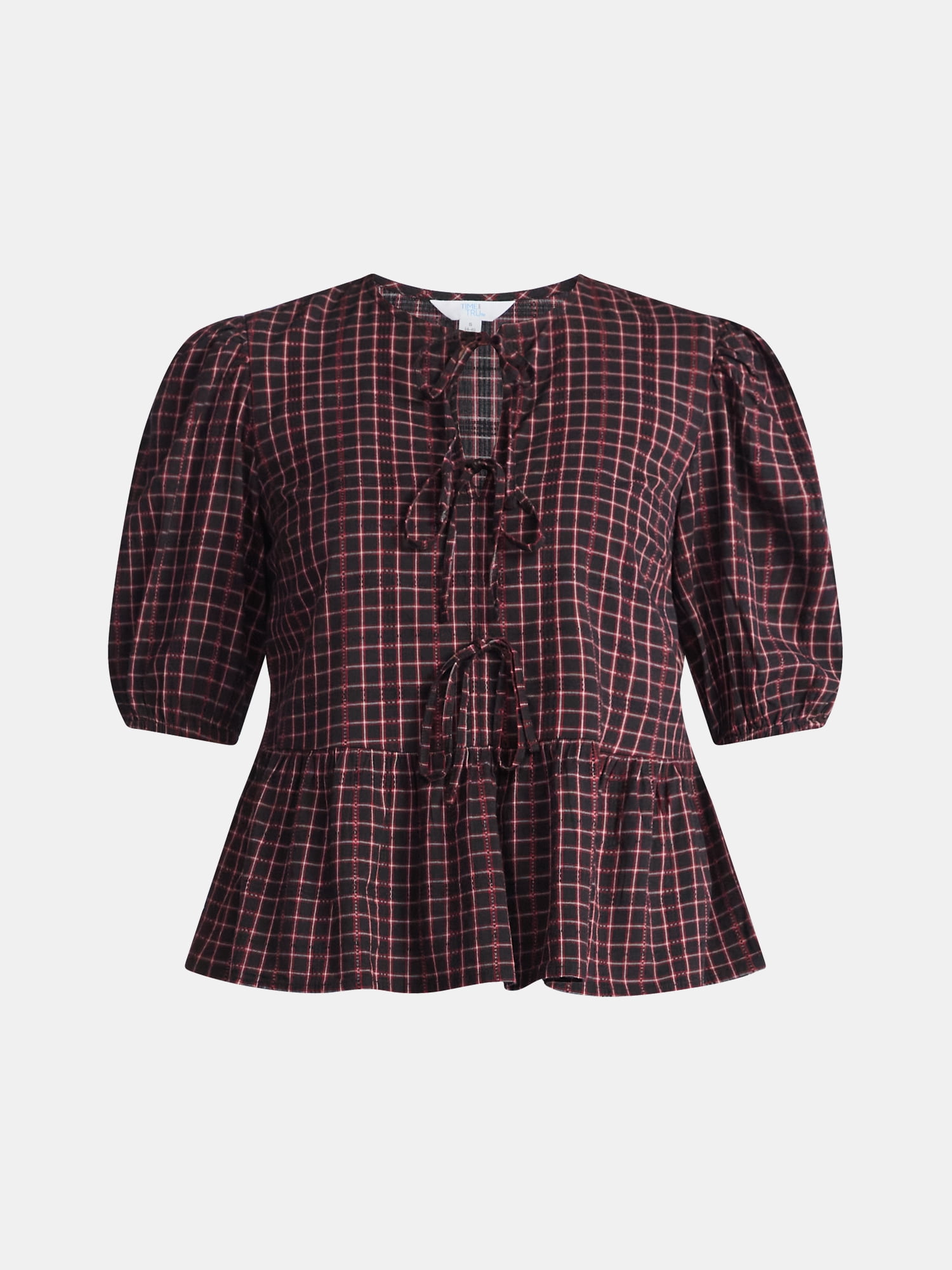 Time and Tru Women's Tie Front Peplum Top with Short Puff Sleeves, Size XS – XXXL