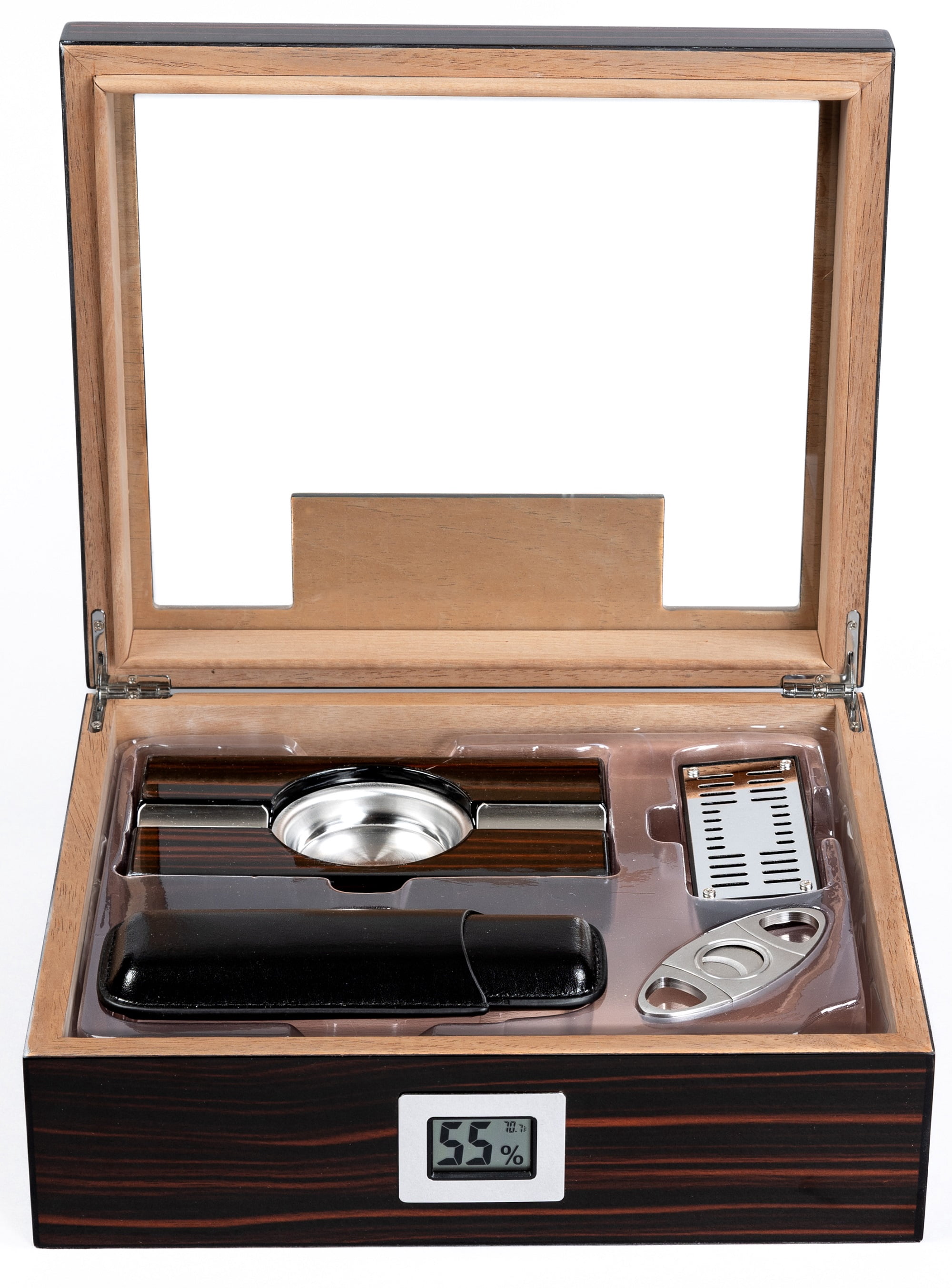 Kensington Cigar Humidor Gift Set w/ External Digital Hygrometer - Cherry Ebony Lacquer Finish - Capacity: 75