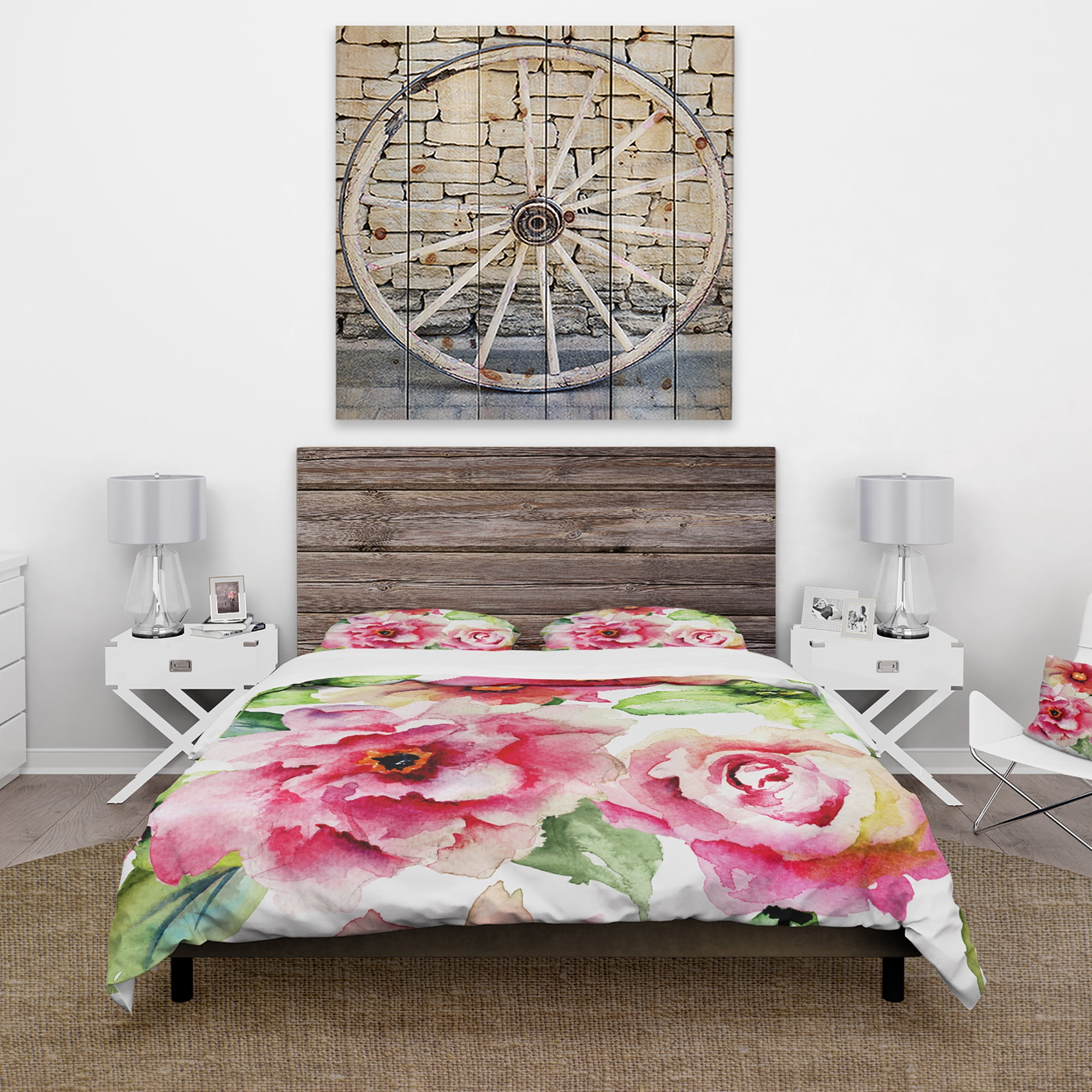 Designart 'Roses and Gerber Flowers Watercolor' Country Duvet Cover Set
