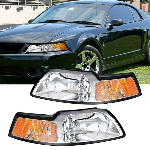 Nilight Headlight Assembly for 1999 2000 2001 2002 2003 2004 Ford Mustang Headlamps Replacement Chrome Housing Amber Reflector Driver and Passenger Side