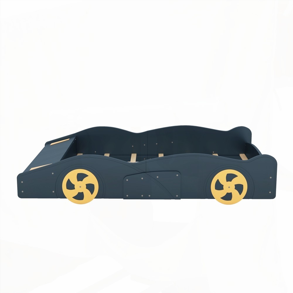 Full Size Race Car Bed with Storage & Wheels - Dark Blue+Yellow
