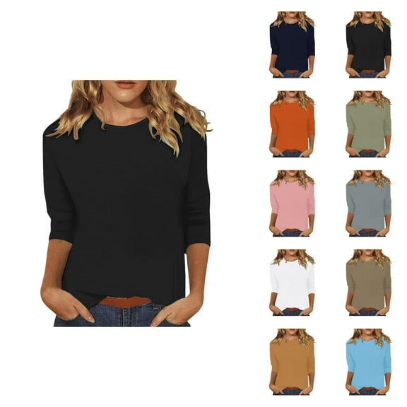 3/4 Sleeve T Shirts for Women 2025 Solid Color Crewneck Loose Fit Plain Basic Tshirt Tunic Tops Womens T Shirts