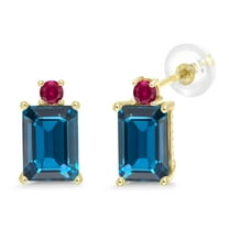 Gem Stone King 4.09 Ct Emerald Cut London Blue Topaz Red Created Ruby 10K Yellow Gold Earrings