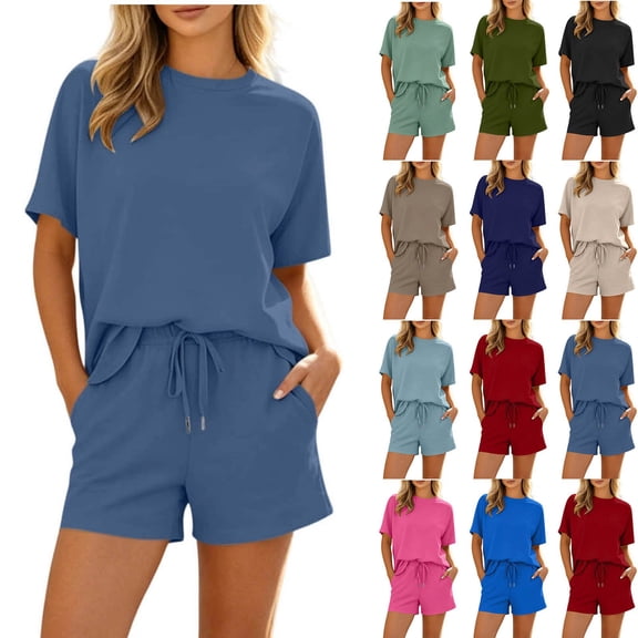 Miqool Two Piece Short Sets for Women Casual Summer Outfits Short Sleeve Crew Neck with Pockets Lounge Matching Set
