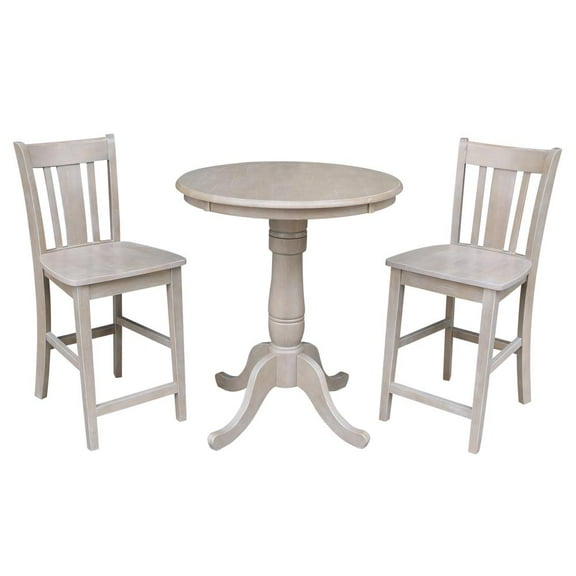 Wood Pedestal Counter Table and 2 San Remo Stools in Washed Gray Taupe- Set of 3