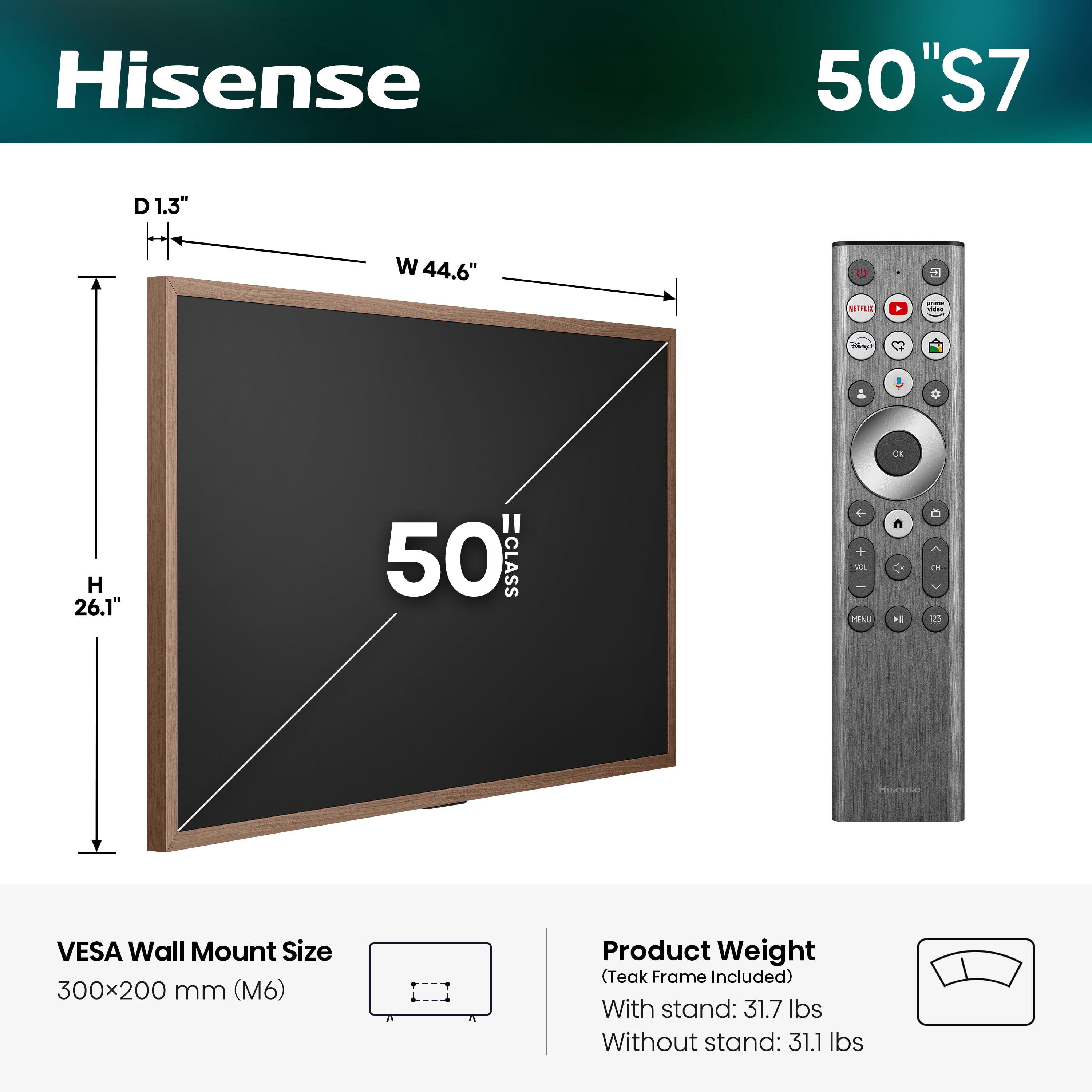 Hisense 50" S7 CanvasTV Series 4K Hi - QLED UHD Google Smart Art TV (50S7SG, 2026 New) - 144Hz, Art Mode, Anti-Glare Panel, Dolby Vision HDR, Hi-Matte Display, Frame & UltraSlim Wall Mount Included