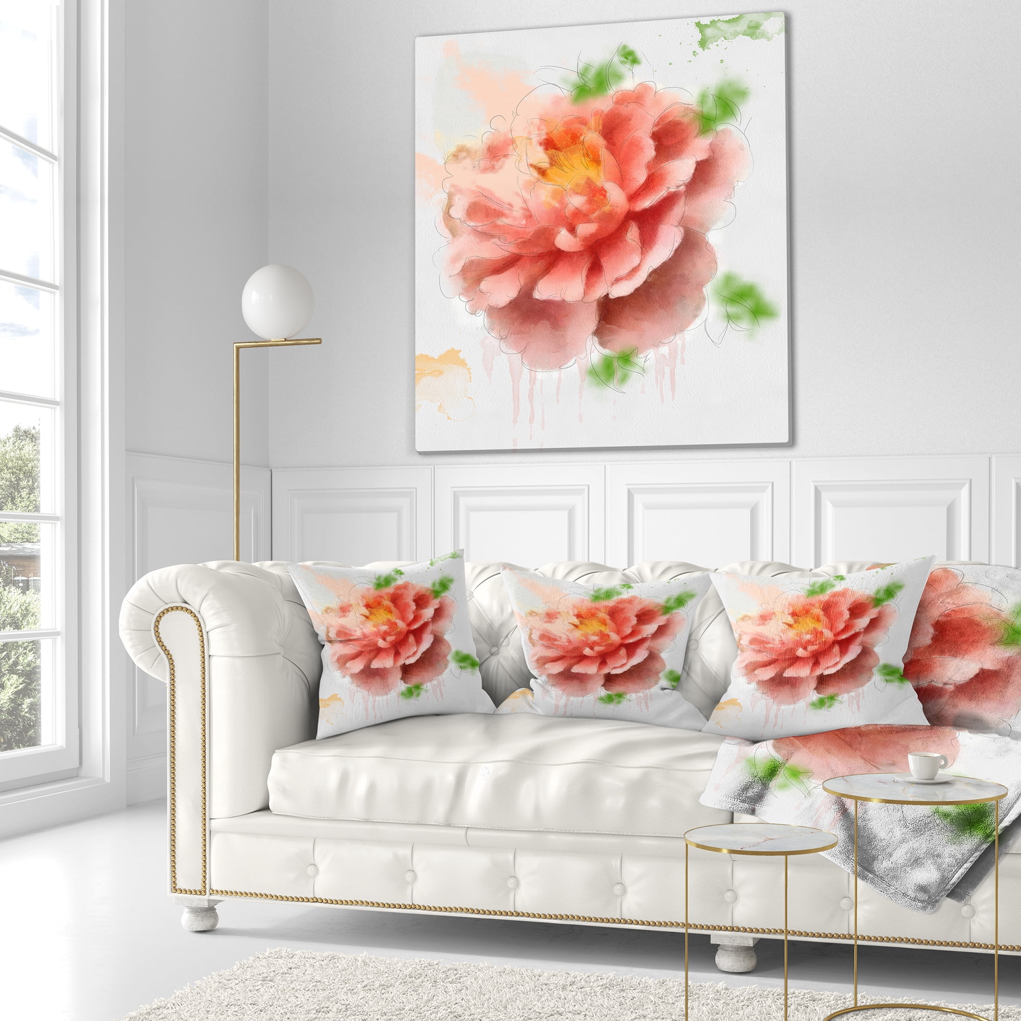 Designart Light Red Rose Sketch Watercolor - Floral Throw Pillow - 18x18