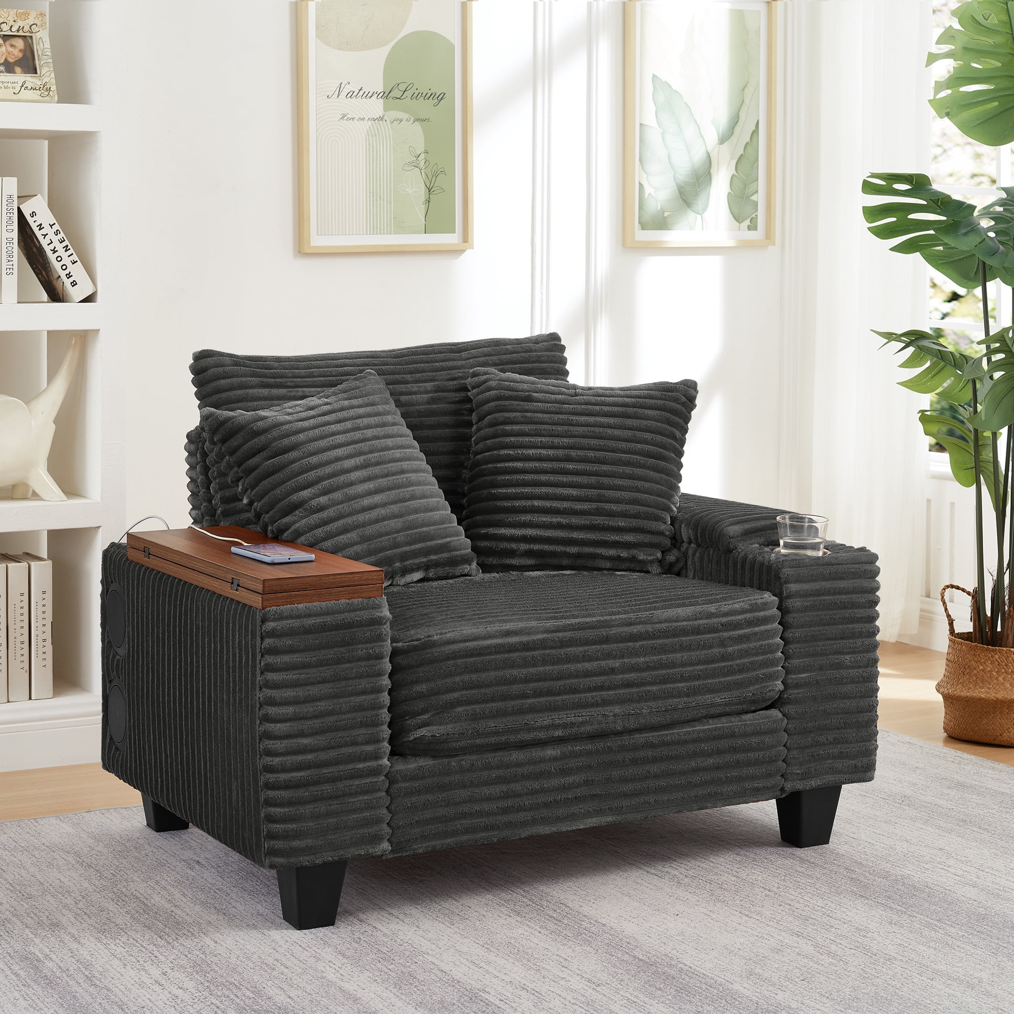 Chaise Lounge Chair Indoor,Corduroy Single Upholstered Sofa Bed with Ottoman,Cup Holder & USB Ports,180°Rotating Table Board for Living Room,Bedroom,Apartment,Dark Gray