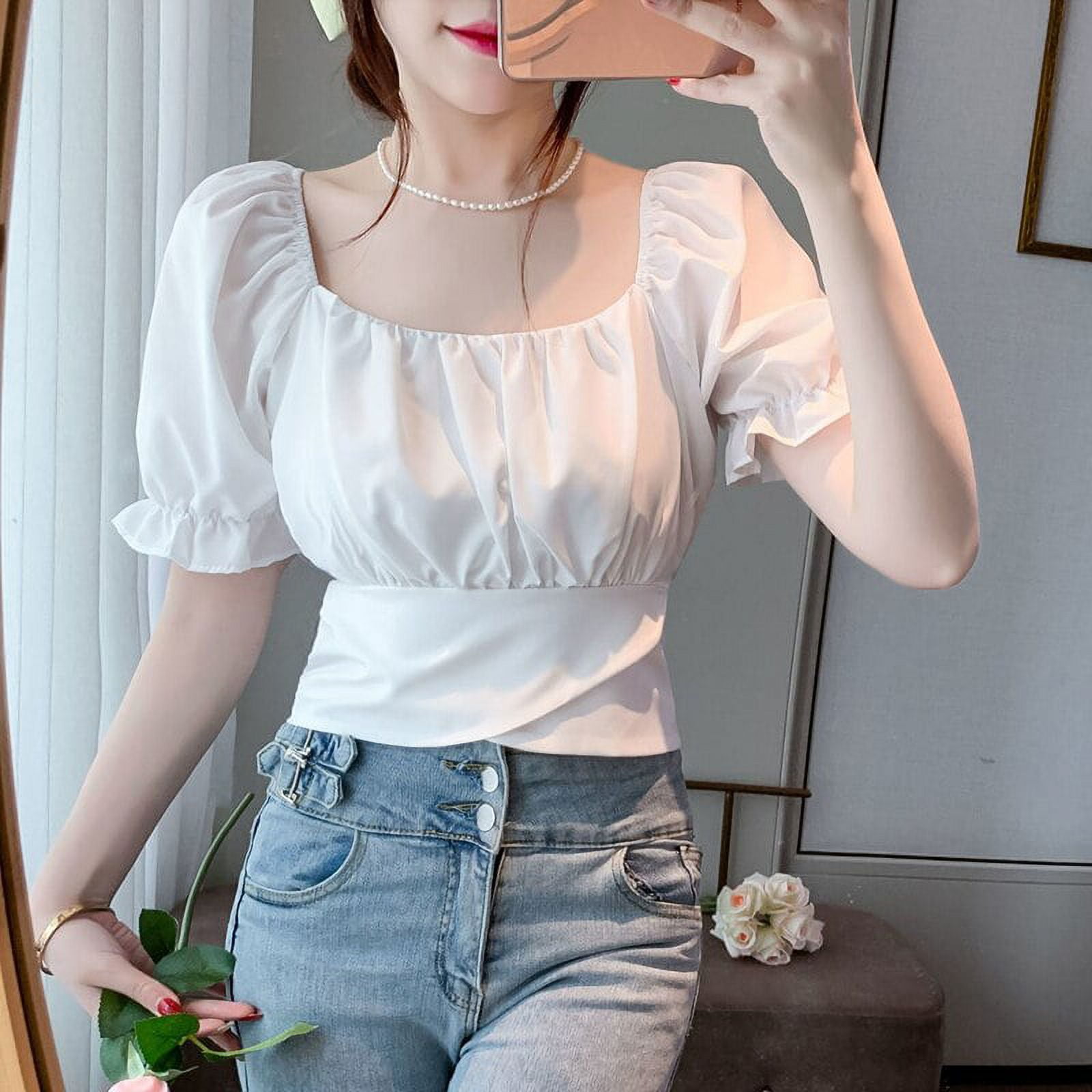 DanceeMangoo Summer White Chiffon Blouse Women Korean Lace Ruffles V-neck  Shirt Tops Woman Elegant Chic Puff Short Sleeve Shirt 