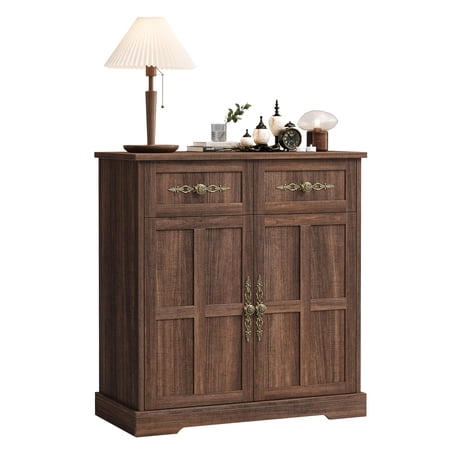 PYY Farmhouse Buffet Sideboard Cabinet – 4 Drawers 2 Doors Adjustable Shelves Gold Handles – Modern Dining Room Kitchen Coffee Bar Storage Compact 33.5 Inch – Brown Wood Grain