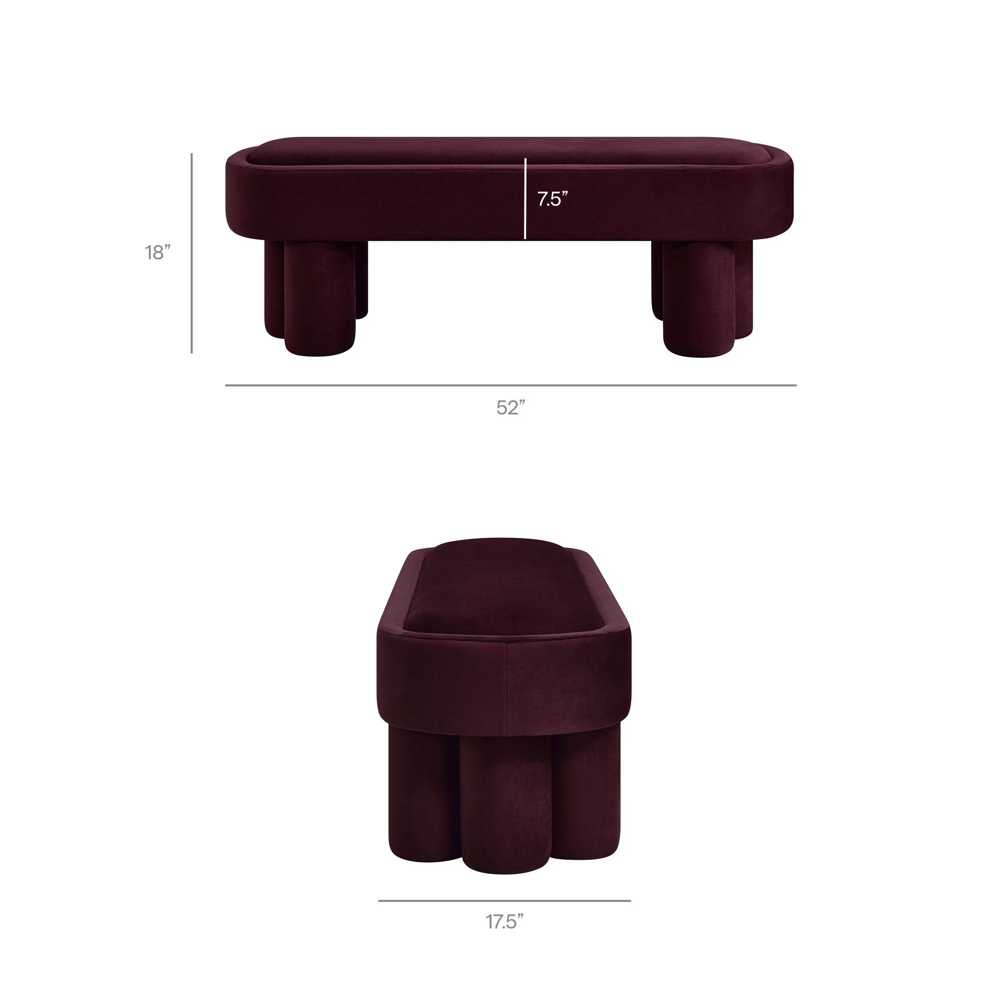 Mossi Oval Performance Velvet Accent Bench in Mulberry