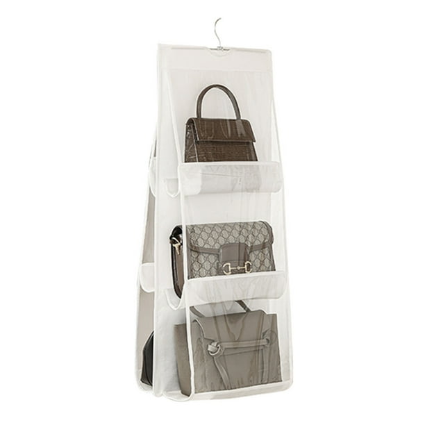 Organizador de bolso colgante con 6 bolsillos, soporte de almacenamiento de colección de bolsas transparentes (blanco)