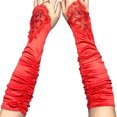 thumbnail image 4 of Guantes florales de encaje Sonducket lentejuelas sin dedos mujer manoplas bordadas hasta El codo Rojo, 4 of 6