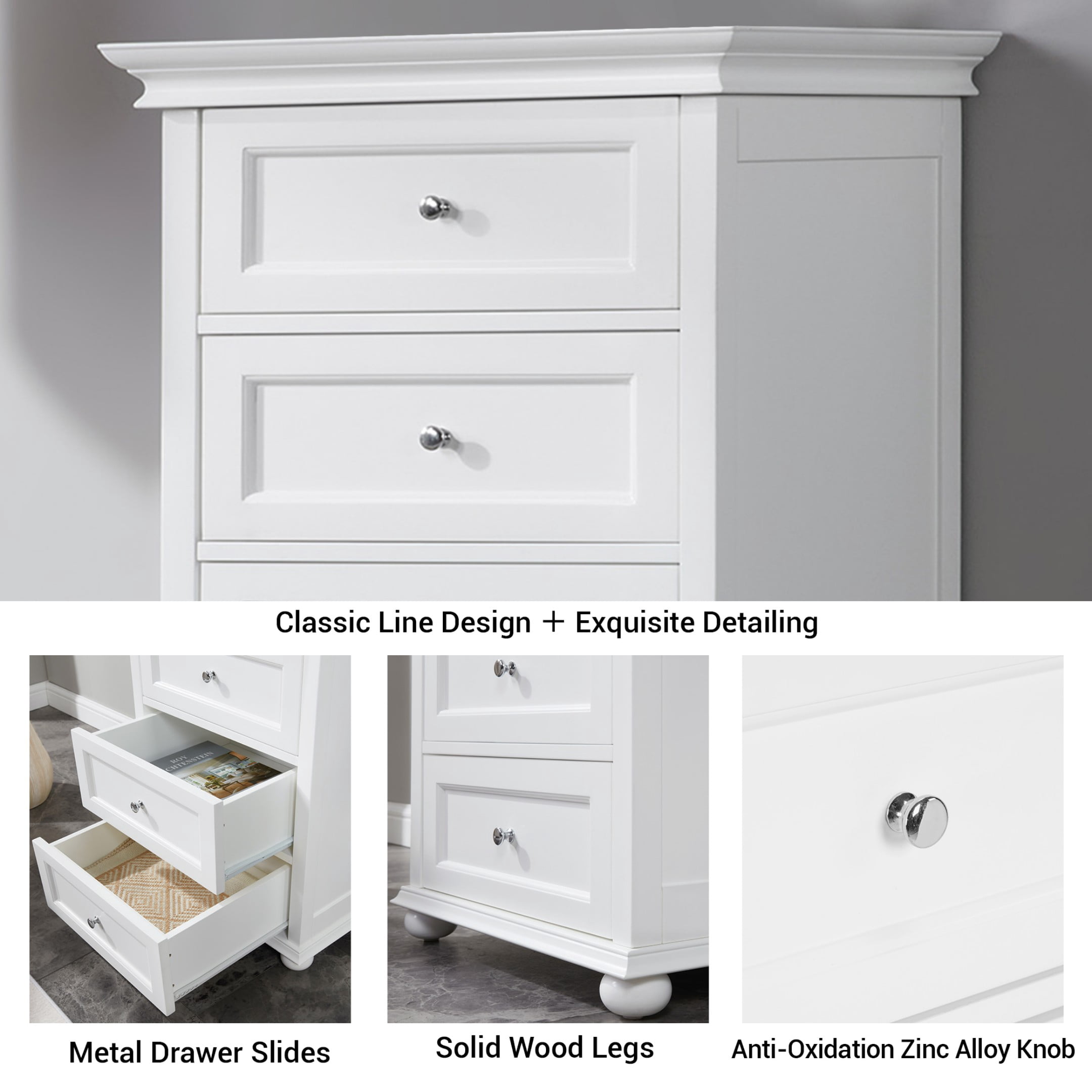 BOUQUETYZ Tall Skinny White Dresser with 7-Drawer, Tall Narrow Chest of Drawers for Bedroom, Solid Wood Legs & Silent Metal Glides, 52" H