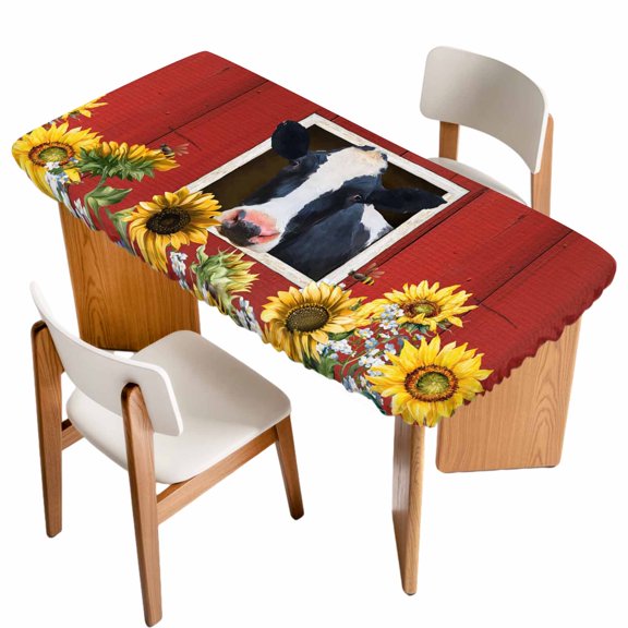 Cow Sunflowers Table Cloths for 5 Foot Rectangle Tables, Botanical Floral Leaves Bees Farm Barn Patio Waterproof Elastic Fitted Tablecloths, Washable Rectangular Table Cover for Camping